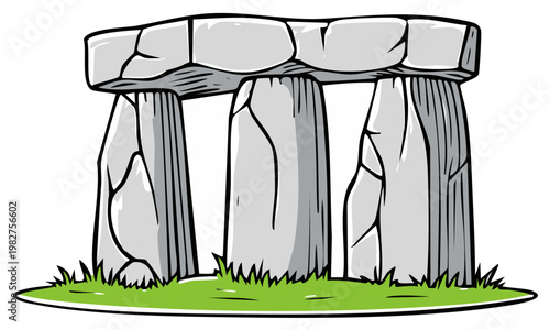 Stonehenge Style Monumental Structure Illustration with Grass Meadow Landscape Ancient Standing Stones Cartoon