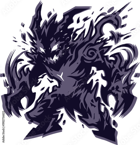 Dark shadowy creature with glowing white eyes, pixelated monster, intimidating silhouette with swirling smoke effects, fantasy character design