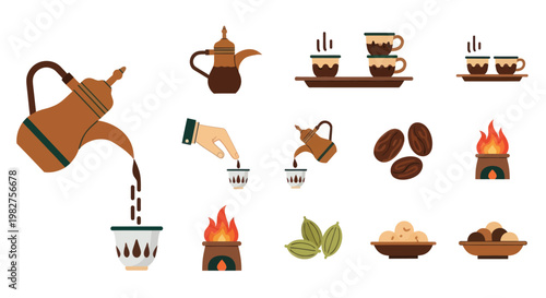 Arabic Coffee Set: Dallah, Cups, Beans, Sweets, and Fireplace Icons