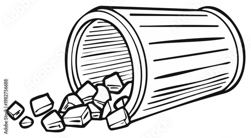 Hand-drawn illustration of an overturned trash can spilling out cubes