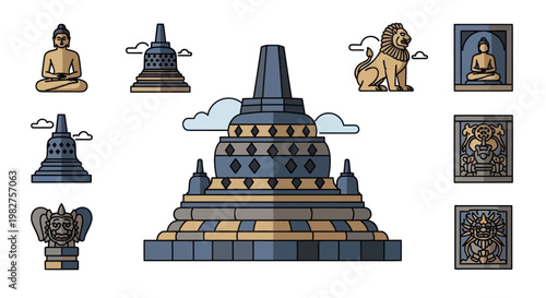 Borobudur Temple Indonesia Landmark Collection - Buddha, Stupa, Lion Statue, Relief Carvings