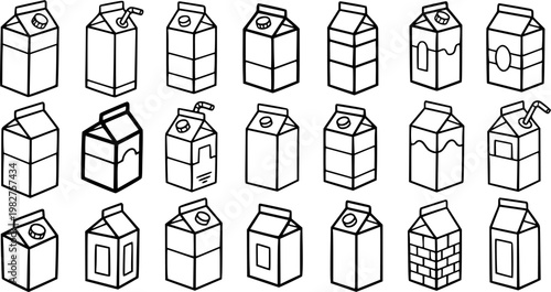 Food  Drink Black and White Line Art Set of Milk Cartons, Juice Boxes, and Beverage Packaging. Hand-Drawn Doodle Icons for Dairy and Liquid Container Concepts.