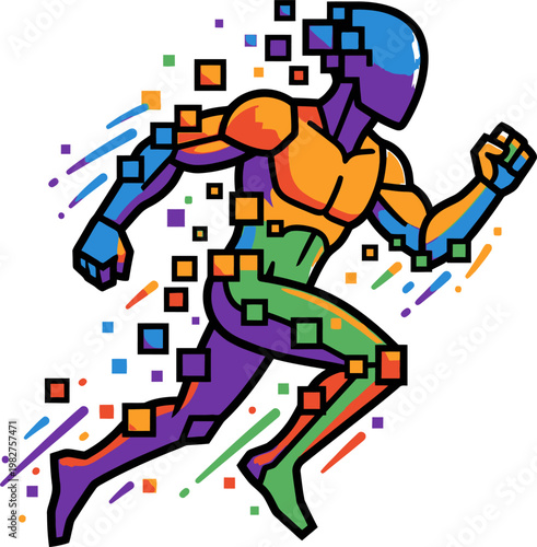 Pixelated runner dissolving into colorful squares and motion streaks, digital abstract representation of speed and athleticism