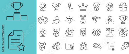 Reward set of web icons in line style. A collection of linear icons representing various reward concepts, including gift, trophy, recognition, reward program, medal, bonus, and more