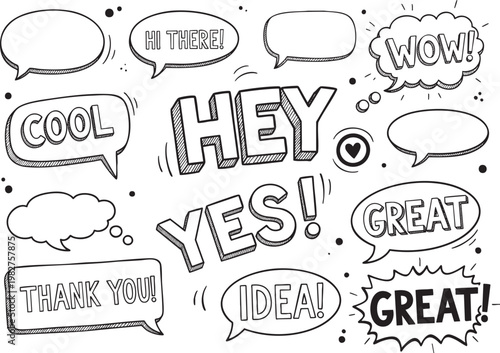 Comic Hand-Drawn Speech Bubbles and Exclamations Set