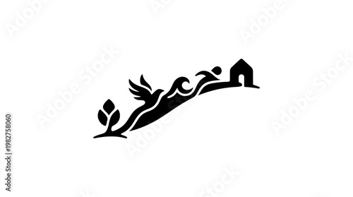 Icon of A Bird Sitting on A Hilly Landscape With House And Trees In Minimalist Style