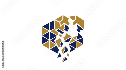 Vector Icon of a World Map with Puzzle Pieces in Blue and Gold Style