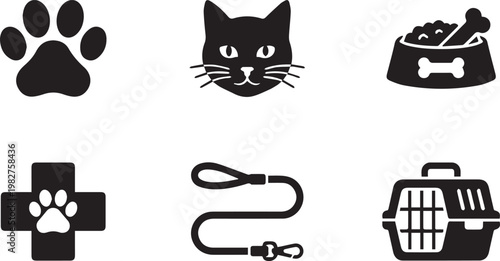 Cat and dog care solid icon set. Includes symbols for paw print cat face pet food bowl veterinary cross leash and pet carrier. Solid vector icons for animal care and pet supplies.