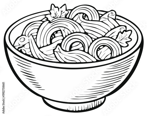 Black and White Illustration of a Bowl of Twisted Pasta and Herbs