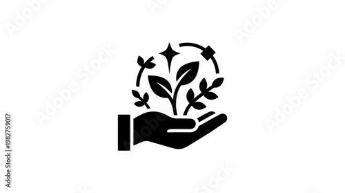 Eco Friendly Vector Icon of Hand Holding Growing Plant with Arrows and Leaves for Sustainability