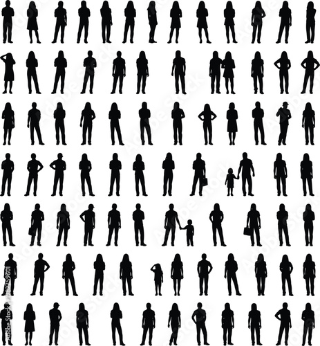 Grid of black silhouettes of adults and children in varied poses, holding hands, carrying bags, minimalist design style.