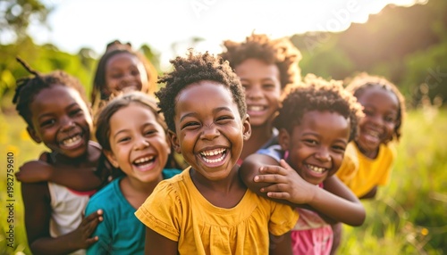 Joyful Group of Diverse Black Children Laughing Together Outdoors in Sunlight.