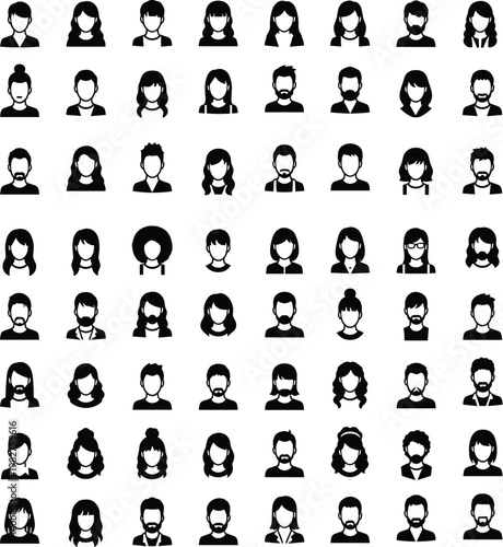 Grid of stylized black‑and‑white avatar icons showing diverse hairstyles, facial features, and clothing styles in minimalist profile design.