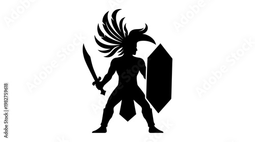 Icon of a Mythical Warrior Holding Sword and Shield in a Bold Silhouette Style