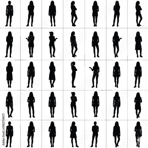Grid of thirty black silhouettes showing diverse human stances, gestures, and postures in minimalist rectangular cells on white background.