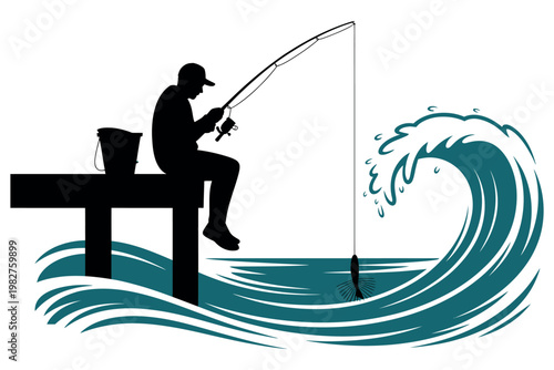 Fisherman sits patiently on a wooden pier by the turbulent ocean.