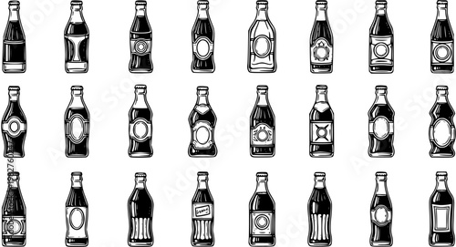Black and White Line Art of Assorted Glass Soda Bottles