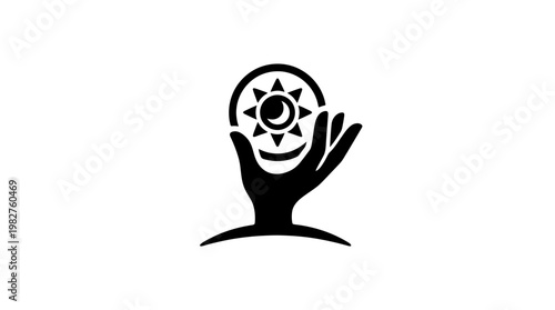 Vector Icon of a Hand Holding a Glowing Sun with Rays for Renewable Energy or Sustainability Concepts