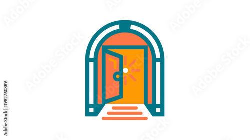 Vector Icon of Open Door with Light Coming Out, Home Entryway Illustration, Flat Style