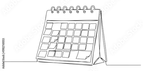 Continuous one line drawing of calendar with sticky notes and reminders, representing multitasking and planning, line art style vector illustration.