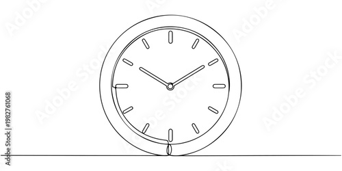 Continuous one line drawing of a circular wall clock with simple hour markers, symbolizing daily rhythm and regularity, line art style vector illustration.