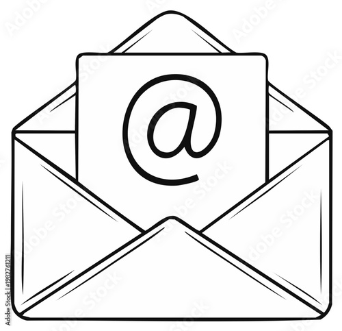 Open envelope with '@' symbol on paper, digital communication concept