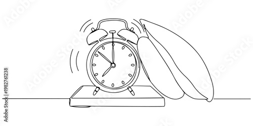 Continuous one line drawing of a pair of alarm clocks ringing on the bedside table, representing the urgency and rhythm of the day, line art style vector illustration.