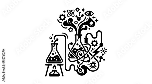 Icon of Scientific Laboratory with Chemical Flask and Test Tube in Modern Style