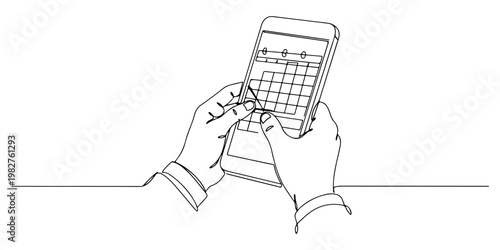 Continuous one line drawing of a person writing in a calendar application on a smartphone, symbolizing modern scheduling, line art style vector illustration.