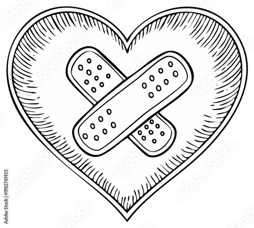 Heart Shape with Bandages Cross, Hand Drawn Illustration