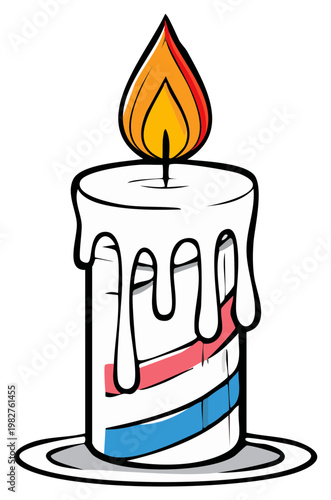 Illuminating Wax Candle with Red White and Blue Stripes and Dripping Wax on a Saucer