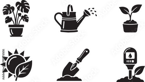 Gardening tools and plants solid icon set. Includes symbols for potted monstera, watering can, young seedling, sun with leaf, trowel, and soil tester. Solid vector icons for gardening, landscaping, an