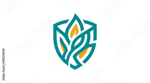 Icon of a Floral Shield with Leaf Design in Blue and Gold for Nature Conservation