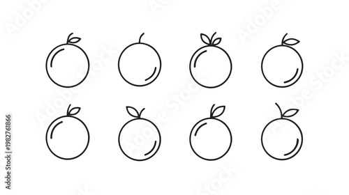 Set of eight simple outline oranges with leaves isolated on white background vector art