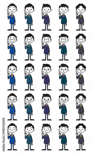 デフォルメした男性が人差し指を立てているポーズのイラストセット