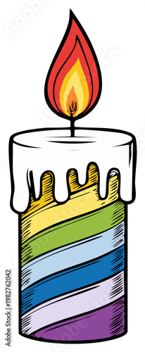 Cartoon candle illustration with colorful stripes and a burning flame