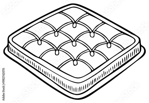 Diamond-patterned mattress in an illustrative black and white drawing
