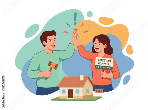 Young Couple Celebrating a Successful Home Auction Bid with High Five