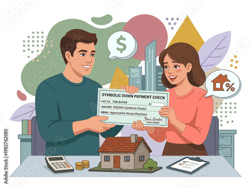 Couple holding symbolic down payment check for a new house mortgage