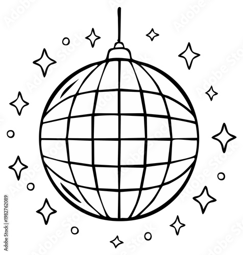 Black and White Hand Drawn Disco Ball Ornament with Starburst