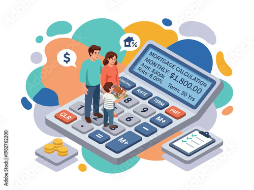 Family planning home mortgage and loan calculation isometric concept