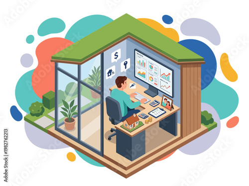 Isometric Man Planning Home Mortgage and Family Financial Goals