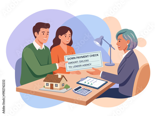 Young Couple Giving Down Payment Check to Real Estate Agent