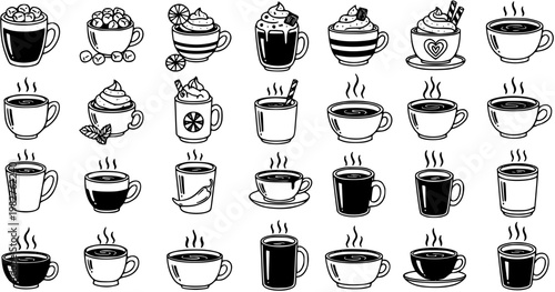 Hand-drawn Black and White Line Art Icons of Various Coffee and Hot Drinks Cups