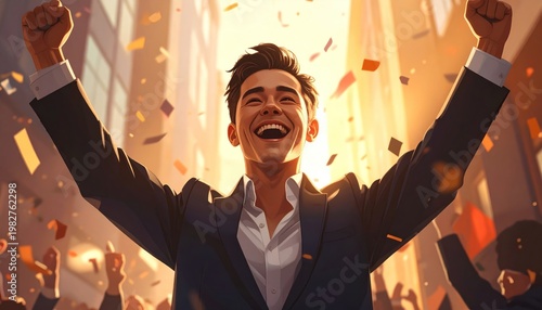 Joyful Young Man Celebrating Success Amidst Confetti Shower.
