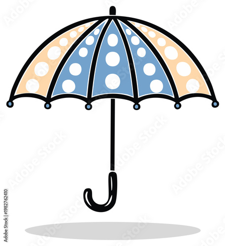 Whimsical polka dot umbrella in blue and peach with a curved handle and shadow on white background