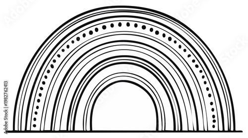 Hand drawn simple black and white line art rainbow with dotted accents