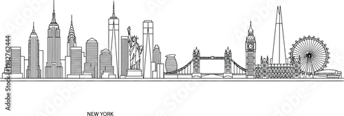 Minimalist line art drawing showing a creative fusion of famous world landmarks from multiple major global cities combined into one