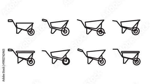 Set of eight wheelbarrow icons line art different perspectives garden tools vector illustration