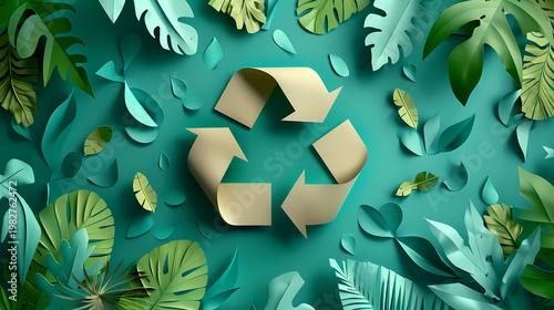 Beautiful 3D paper cut composition of the universal recycling symbol crafted from layered teal and green leaves and yellow flowers, set against a deep teal background to promote recycling awareness.